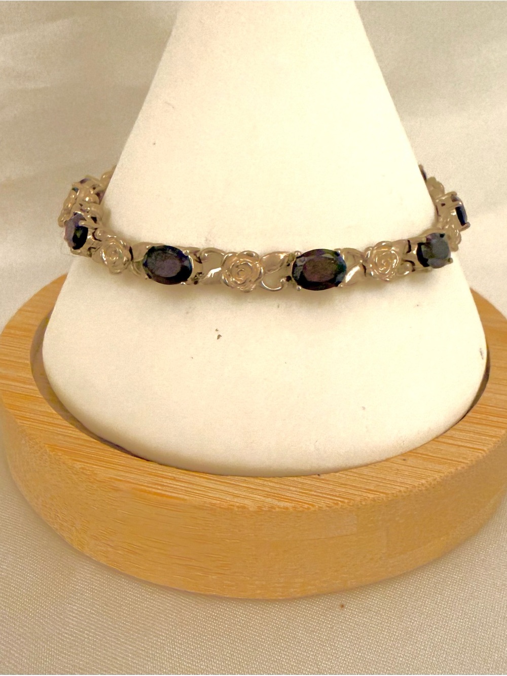 Silver Tone Purple Crystal Rose Link Bracelet Floral Oval Stone Tennis Style 7.5